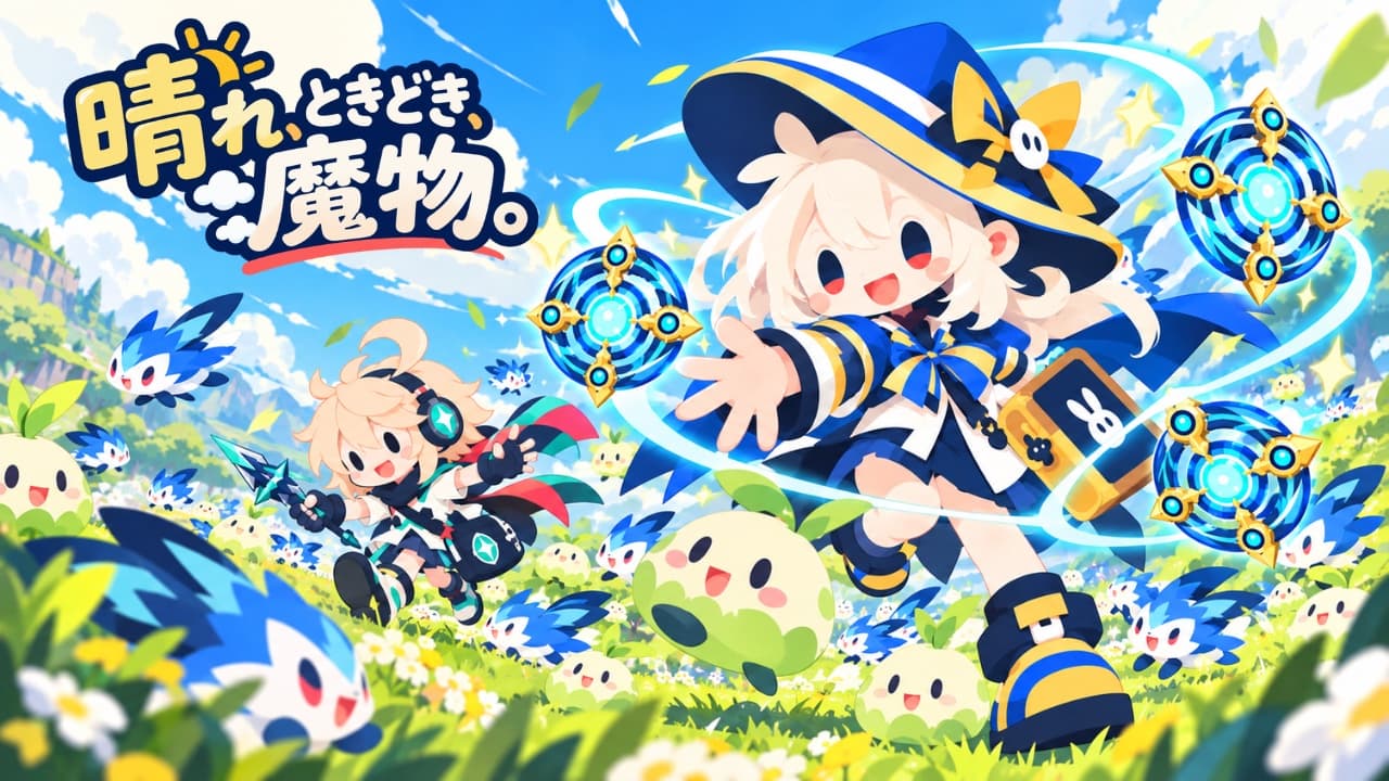 魔物たちがひしめく草原で、魔導輪を広げる魔法使いを描いたキービジュアル